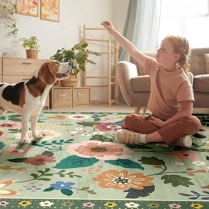 RELEANY Floral Nursery 4x6 Area Rugs Washable Print Boho Cute Carpet Non Slip Flower Low Pile for Living Room Kids Girls Playroom Bedroom Kitchen Office Farmhouse-Light Green