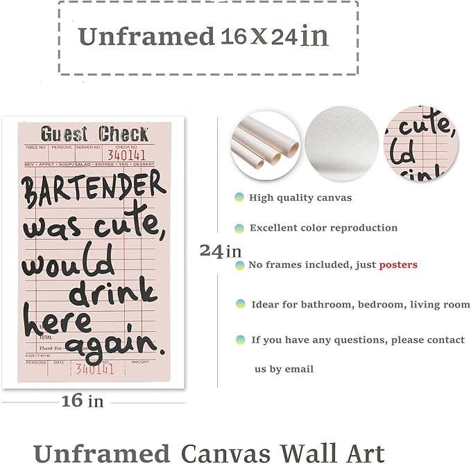 Fun Bar Canvas Wall Art, Bar Cart Accessories and Decor, Trendy Preppy Black White Retro Guest Check Wall Decor, Vintage Art Poster for Home Kitchen Wall Decoration, Unframed Artwork Prints, 16"x24"