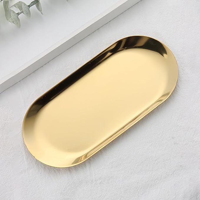 SUTOKAKA 2 Pack Stainless Steel Gold Decorative Tray, Small Oval Perfume Jewelry Trinket Dish, Candle Key Manicure Tools Metal Placing Plate, Bathroom Vanity Trays for Dresser Counter