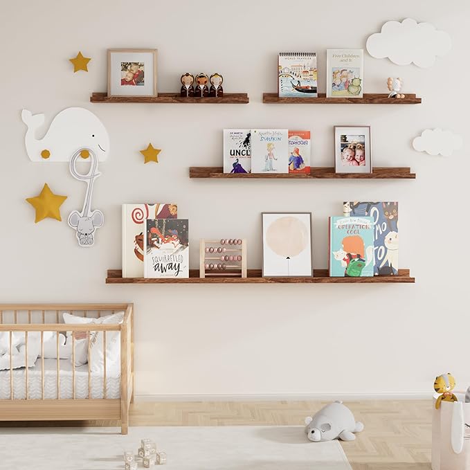 Fun Memories Picture Ledge Shelf, 32 Inch Floating Shelves Set of 2, Large Nursery Book Shelves for Toys Storage, Kids Bookshelf Wall Mounted for Wall Decor Books Photo Frames, Walnut