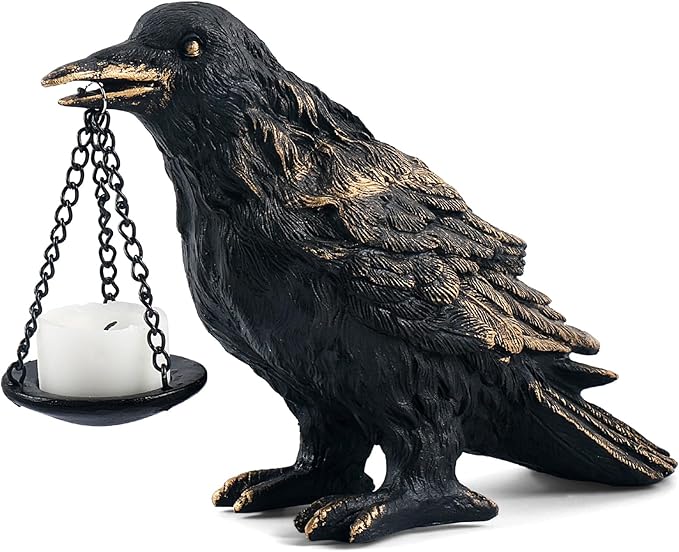 Gothic Crow Lamp with Tealight Candle Holder Resin Raven Decor Statue Gothic Home Decor for Bedroom Unique Goth Gifts Wearing Gold