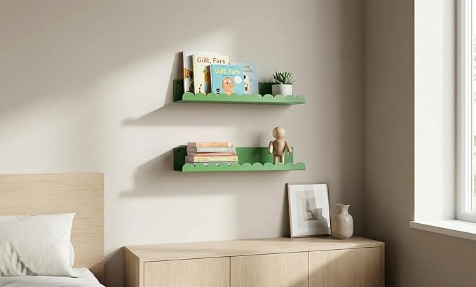 Nursery Book Shelves Set of 6, Green Metal Floating Shelves for Wall, 16 Inch Scalloped Book Shelf for Kids Room, Bathroom, Bedroom, Playroom Wall Decor & Storage