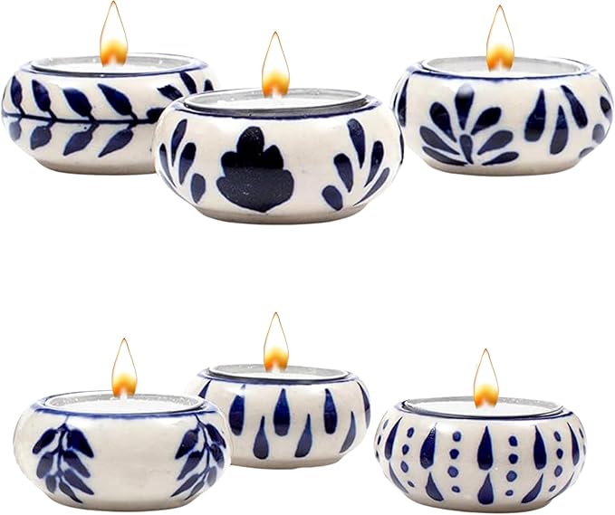 Ceramic Tealight Holder Set of 6 - Hand-Painted Candle Holders with Wax Tealights - Decorative Votive for Home, Party, Wedding, Festive & Gift Décor (White Blue) - ALPHA Living HOME