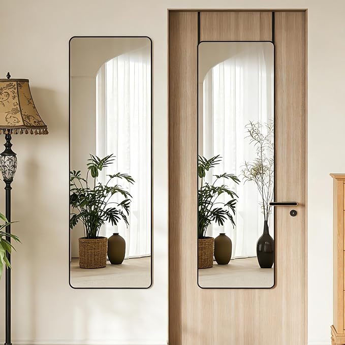 DMWOODFL 14"x48" Full Length Over The Door Mirror, Aluminum Alloy Frame Full Body Mirror with Height-Adjustable Hangers, Hanging Leaning Against Wall for Dorm Bathroom, Bedroom, Entryway Decor(Black)