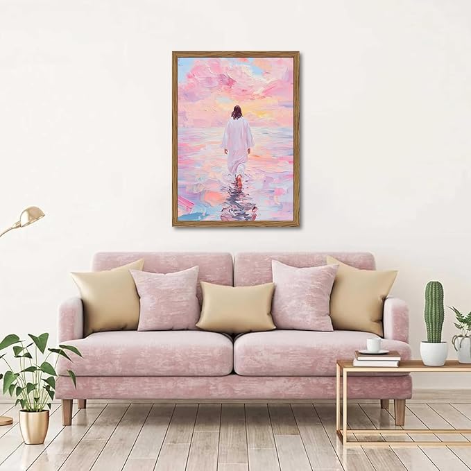 Pink Jesus Walking On Water Wall Art, Frame 3D Textured Hand Drawn Sandstone Christian Wall Decor Paintings Religious Savior Pictures for Living Prayer Room Bedroom, 24x36 in Wood Framed