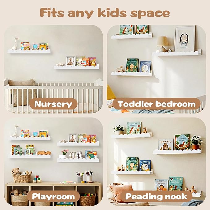 Nursery Floating Shelves for Kids Room, White Wall Shelves, 4 Pack 23.6 x 4.7 Inch Scalloped Kids Bookshelves for Toddler Bedroom, Playroom, Baby Nursery Decor