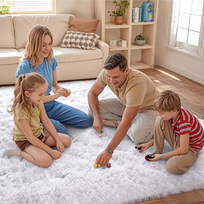 FinRèc 5x8 Feet White Rugs for Bedroom Living Room, Plush Shag Area Rug, Non-Slip Fluffy Furry Rug for Nursery Kids Room Dorm Room Home Decor, Indoor Shaggy Floor Carpet