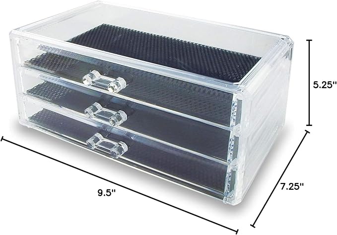 SciencePurchase Clear Acrylic Makeup Organizer with 3 Large Drawers and Removable Top Storage for Lipstick and Cosmetics - See-Through Jewelry Chest Case Holder