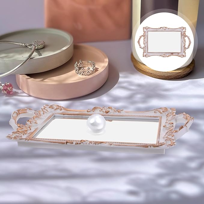 Uonlytech Vintage Gold Mirror Surface Decorative Tray Jewelry Holder Vanity Organizer for Makeup, Earrings, Ring Holder Dish for Home Décor and Wedding Accessories