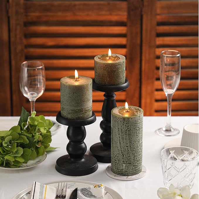 3x3 Inch Moss Green Pillar Candles - Set of 3, Long Clean Burning, Smokeless Dripless Candles for Spring Home Decor, Dinner Table, Bathroom, Rustic Decor