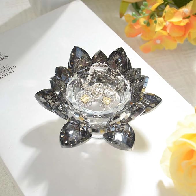 Lotus Black Crystal Candlestick 2-Piece Tealight Candle Set, Black Glass Votive Candle Holder for Tabletop Dining Table Center Decoration Ideal Candle Holder for Wedding Valentine's Day Decoration