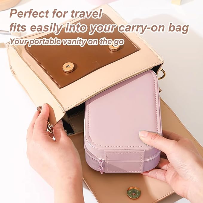 Portable LED Makeup Bag with Adjustable Light-Up Mirror - Three-Color Lighting | Dust-Proof Cosmetic Case with Multi-Compartment Storage and Jewelry Organizer (Pink)