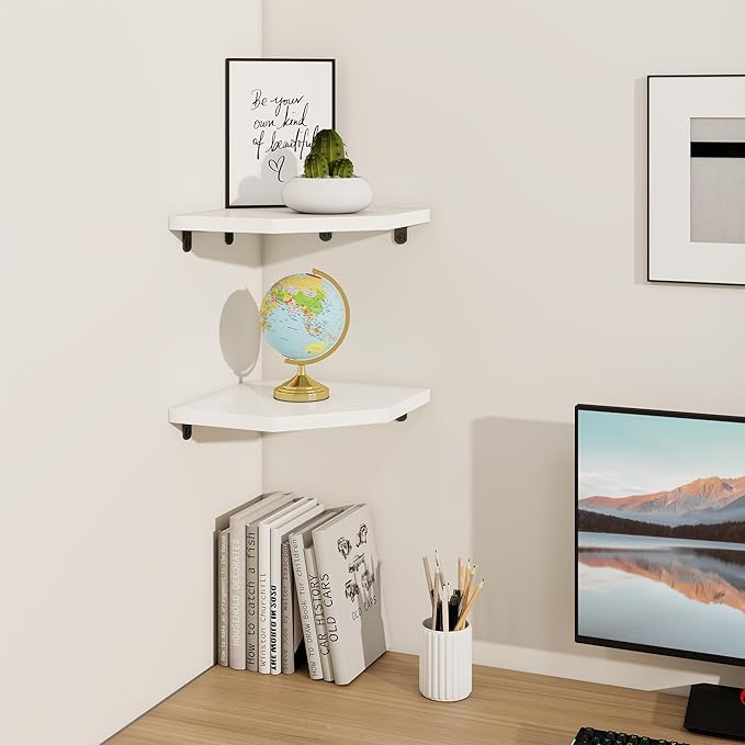 Fun Memories Corner Shelf Wall Mount Set of 2 - Solid Oak Wood Floating Corner Shelf with Cable Hole, 8.5in Rustic Design for Bedroom, Living Room, Kitchen (White)