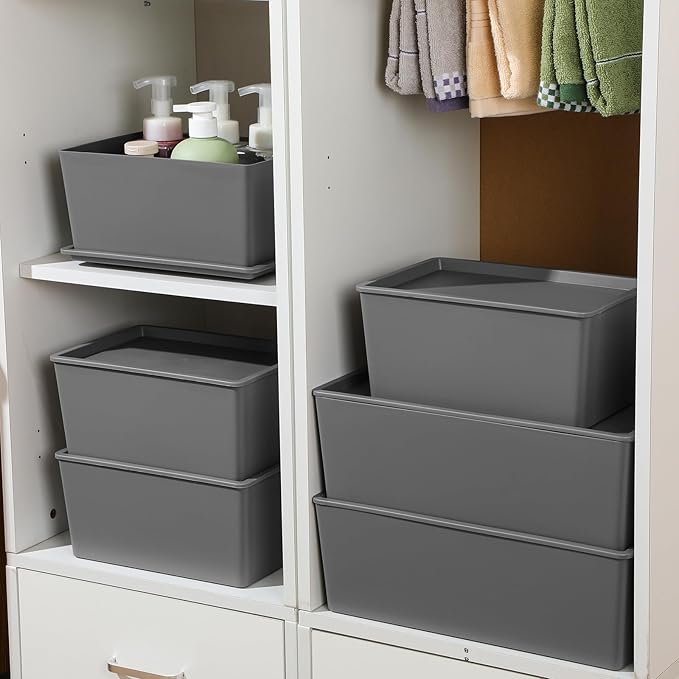 Menkxi 6 Pcs Plastic Storage Bins with Lids Stackable Storage Containers Durable Box Baskets for Organizing Shelves Playroom Classroom Office (Large and Small,Grey)