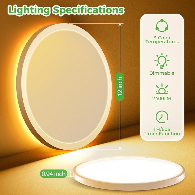 zemty 12 Inch LED Ceiling Light with Night Light 1800K, 2 Pack Dimmable Ceiling Light Fixtures with Remote Control, Low Profile Lighting for Bedroom, Living Room, Kitchen-White