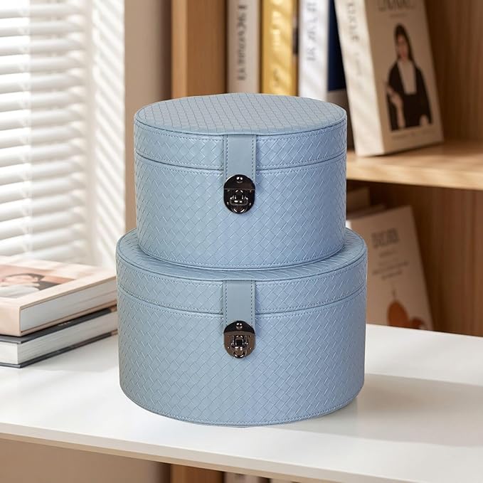 Set of 2 Round Blue Artificial Leather Decorative Boxes with Black Decorative Buckle for Home Decor