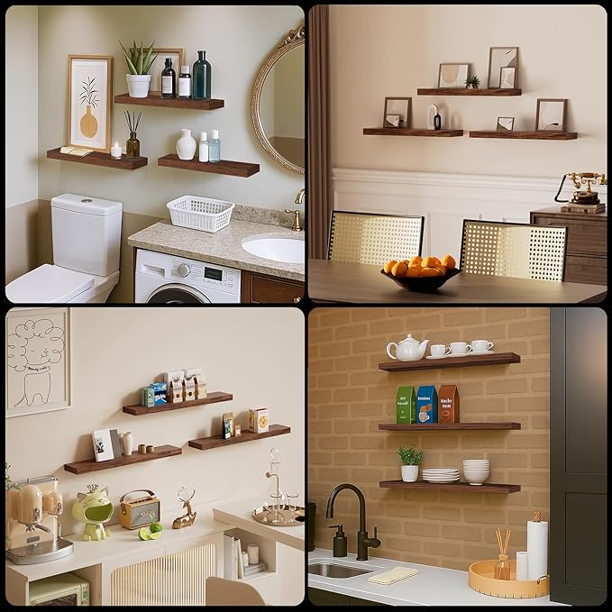 Floating Shelves for Wall, Bathroom Shelves Over Toilet, Wall Shelves & Book Shelf for Room, Hanging Shelf, Modern Wooden Mounted Floating Shelves, 24x7x1.5 in (Walnut-Like, Set of 3)