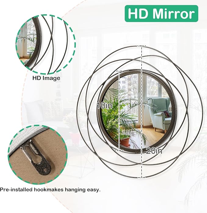 Wall Mirror Mounted Round Decorative Mirrors with Iron Metal Wire Frame Mirror for Wall, Home Decorative Bathroom Vanity, Living Room or Bedroom Large 20”