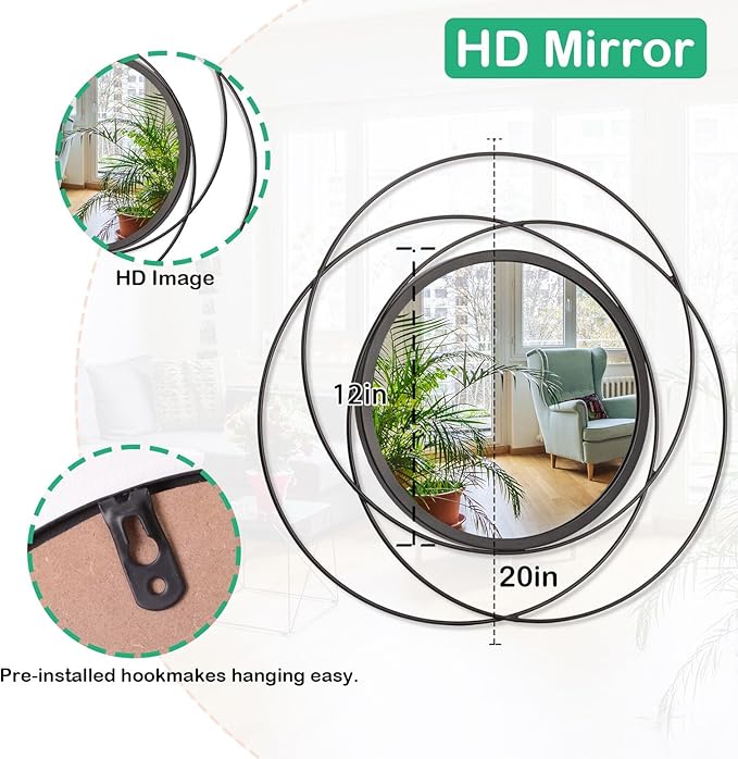 Round Decorative Wall Mirror, Black Metal Mirrors, Art Small Round Wall Home Mirror, Decor Living Room Bedroom Bathroom Entryway 20"