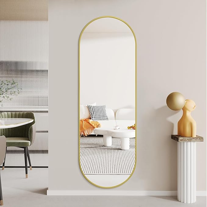 Niccy 65"×22" Oval Full Length Mirror, Long Oval Mirrors with Unique Metal Frame Large Explosion-Proof Hanging Mirrors for Living Room, Decorative Vanity Mirror for Bathroom, Bedroom, Teal-Gold