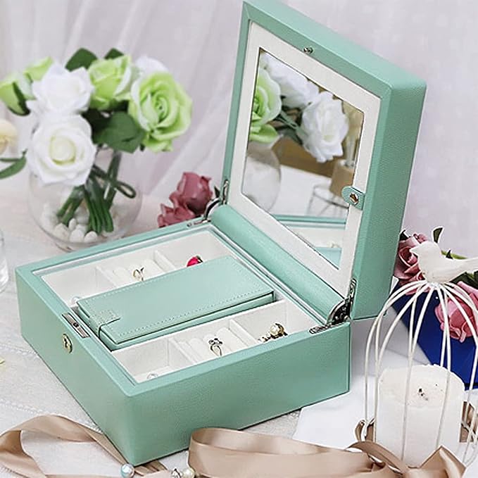 Jewelry Boxes For Women,Travel Jewelry Box for Women, 2 Layer Jewelry Organizer with Makeup mirror, Leather Jewelry Storage for Earrings Rings Bracelets Necklaces Watches, Green Jewelry Boxes