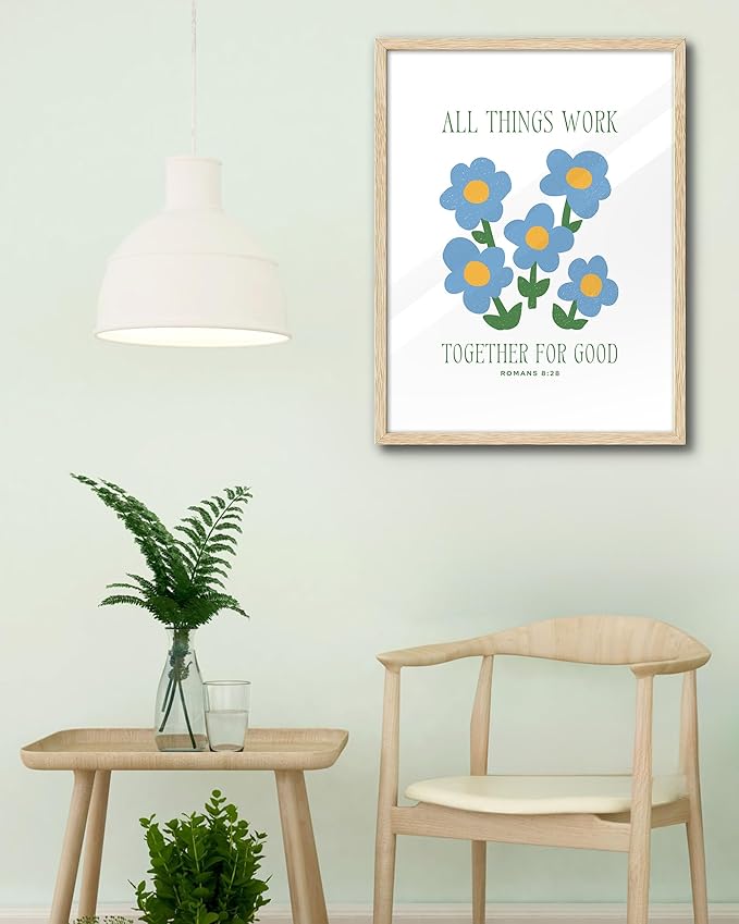 EcoHest Large 16x20in OAK Wood Framed Wall Art, Romans 8:28 All Things Work Bible Verse Christian Canvas Wall Decor, Blue Modern God Wall Prints for Bedroom Living Bathroom Religious Gift 1 Pack