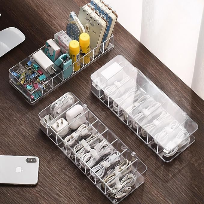 cord organizer box, 10.2 x 3.5 x 2.2in, Desktop Cord Organizer with Compartments (1)