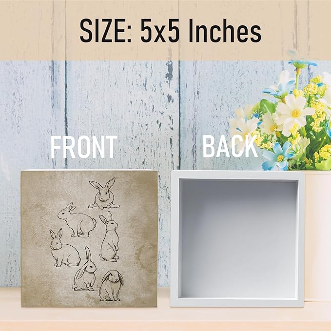 Vintage Easter Decor, Rabbit Wooden Box Sign, Rustic Easter Tiered Tray Decorations, Farmhouse Bunny Rabbit Decorative Table Centerpiece Sign for Party Home Kitchen Dining Decor 5x5