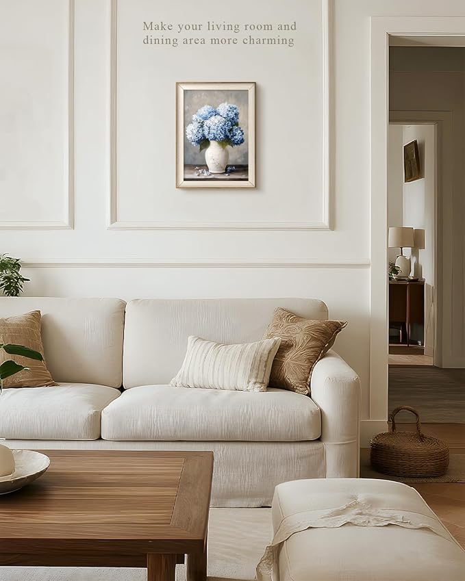 VIYYIEA Vintage Framed Wall Art for Living Room, Blue Hydrangea Canvas Prints, Oil Painting Home Decor, Flowers Picture, Bathroom Wall Decor Gifts for Friends or Family - 16L x 12W