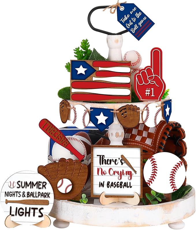 FairySandy 13 Pcs Baseball Tiered Tray Decor Wooden Baseball Table Centerpieces Decor Rustic Wooden Sport Game Sign for Fans Theme Party Supplies