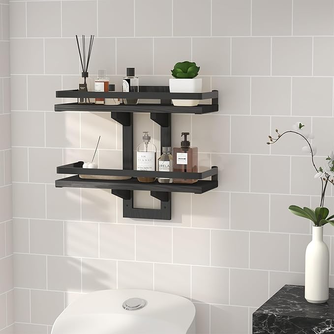 Floating Shelves for Wall, 2-Tier Wood Hanging Decor Storage Shelves, Wall Mounted Floating Shelf for Living Room, Bedroom, Bathroom,Kitchen, Office, Study (2-Pack Black)