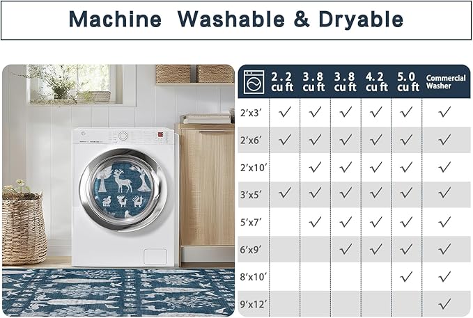 Srugn Washable Rugs 8x10 Area Rugs for Living Room,Bedroom,Dining Room- Large Ultra Soft Faux Wool Retro Carpet,Non Slip&Non-Shedding Low Pile Vintage Print Rug for Home Office Dorm Playroom-Blue