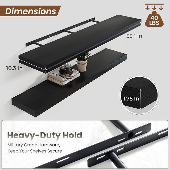 Heimlove Floating Shelves for Wall 55 Inch Long,Extra Large and Thick Wood Shelves Mounted Storage Hanging Shelf Invisible Bracket for Bedroom,Living Room,Kitchen,Office,Black