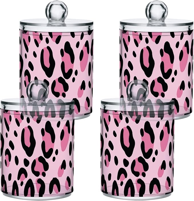 2 Pack Qtip Holder Dispenser for Cotton Ball Pink Leopard Print Cheetah Cotton Swab Round Pads Clear Plastic Acrylic Jar Set Bathroom Canister