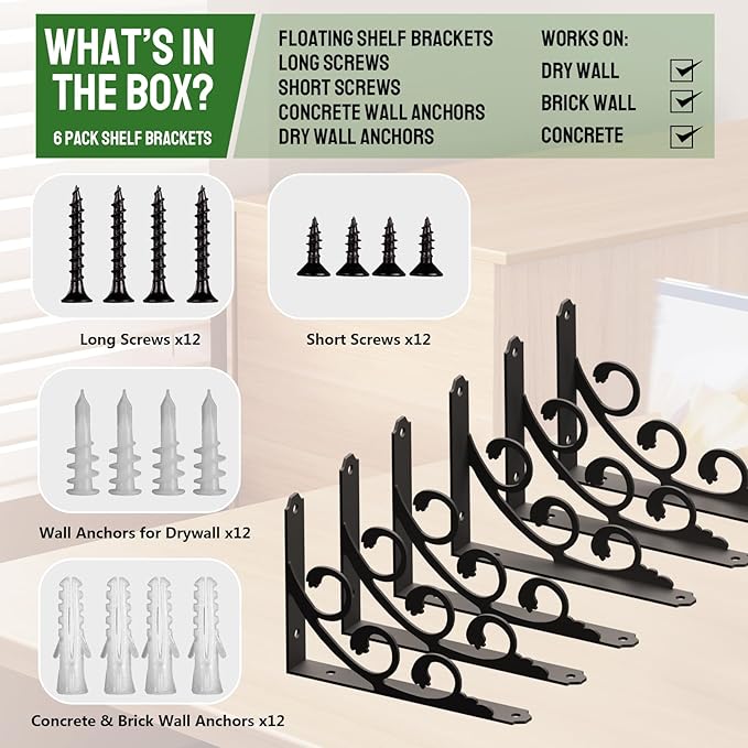 L Shelf Brackets for 4" 5" Board, Floating Shelf Bracket Heavy Duty Metal Shelving Brackets for Shelves, Decorative Iron Rustic Wall Brackets for DIY Floating Shelf, 6 Pack Black