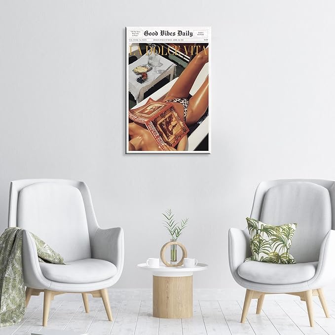 Funny 60s Canvas Poster Retro Newspaper Wall Art Trendy Good Vibes Daily Prints Vintage Old Money Painting Beach Vibe Aesthetic Wall Decor For Cool Girl Room Home Dorm 24x36in Framed