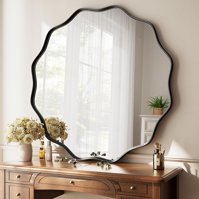 Round Wavy Mirror 42 Inch Bathroom Vanity Mirror Metal Frame Circle Wall Mounted Mirror for Bedroom Living Room Entryway Black