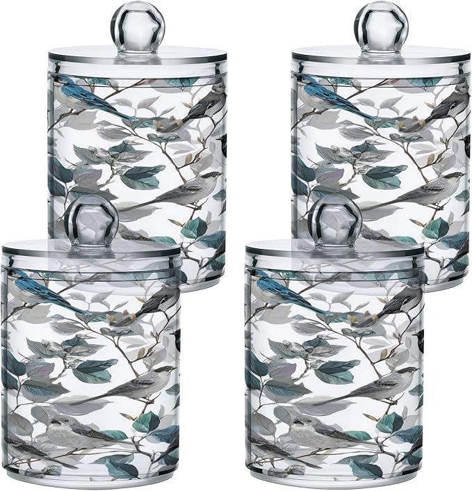 2 Pack Apothecary Jars Blue Birds Branch Design Bathroom Vanity Storage Organizer Set,Small Clear Plastic Storage Jars Bathroom Canister for Cotton Swabs, Rounds, Balls, Qtips,Makeup Sponges, F