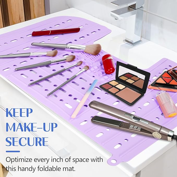 Bathroom Sink Cover for Counter Space, Heat-Resistant Silicone Sink Cover for Makeup Foldable Makeup Mat with Hanging Loop, Space Saver Sink Organizer Mat for Bathroom, 22 * 17" Purple