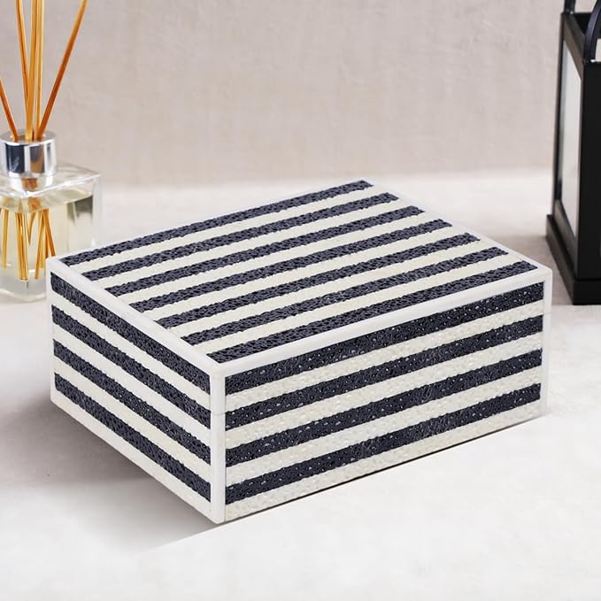 Handicrafts Home Large Decorative Storage Box with Lid– 10x8x4” Coffee Table Organizer, Keepsake- Decorative Boxes for Home Decor, Stylish Decorative Box for Office Decor- Monochrom Strip- Black White