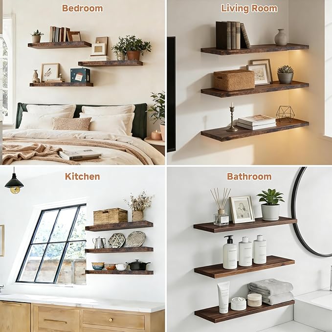 Assembly Easy Floating Shelves Set of 3,24 Inch Wall Mounted Wooden Shelf, Rustic Hanging Shelves for Home Decor, Books and Storage, Organizer for Bedroom,Small Bathroom,Kitchen,Vintage Brown