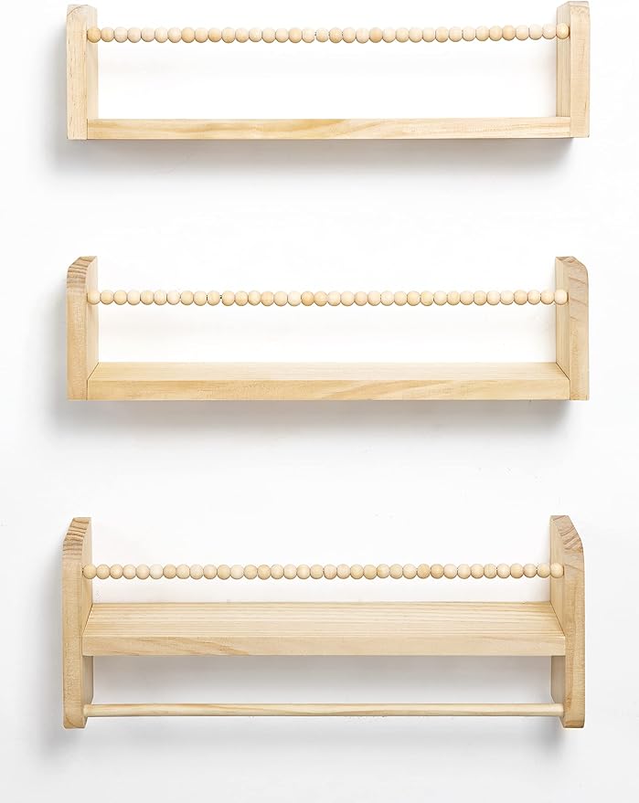 Maxpeuvon Nursery Floating Shelves for Wall, Set of 3 Book Shelves Natural Wood Wall Mounted Organizer with Towel Bar Hanging Bookshelves Nursery Decor for Kids Room, Bedroom and Kitchen