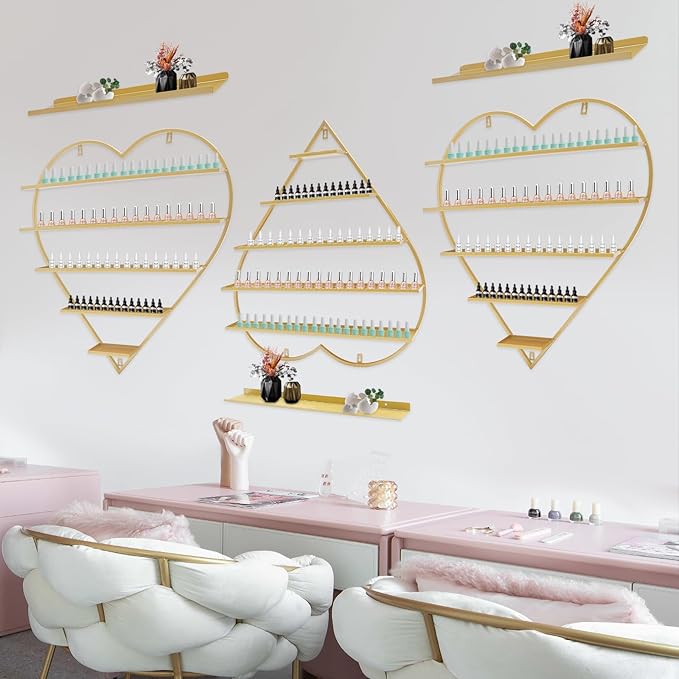 DaryaBrest Wall-Mounted Nail Rack - 5 Tier Metal Display Case (Heart-Shaped) Cosmetic Storage Shelves home Spa Shop (gold)