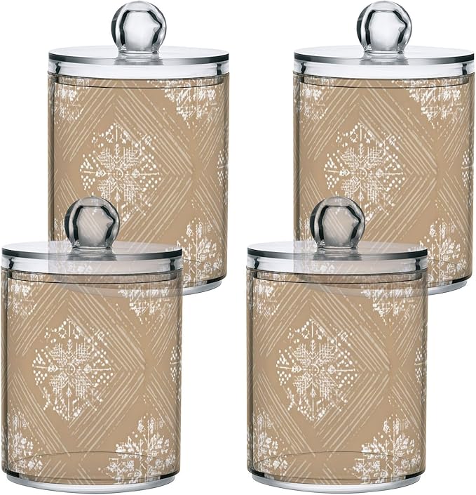 2 Pack Apothecary Jars Snowflake Pattern Design Brown Bathroom Vanity Storage Organizer Set,Small Clear Plastic Storage Jars Bathroom Canister for Cotton Swabs, Rounds, Balls, Qtips,Makeup Spon