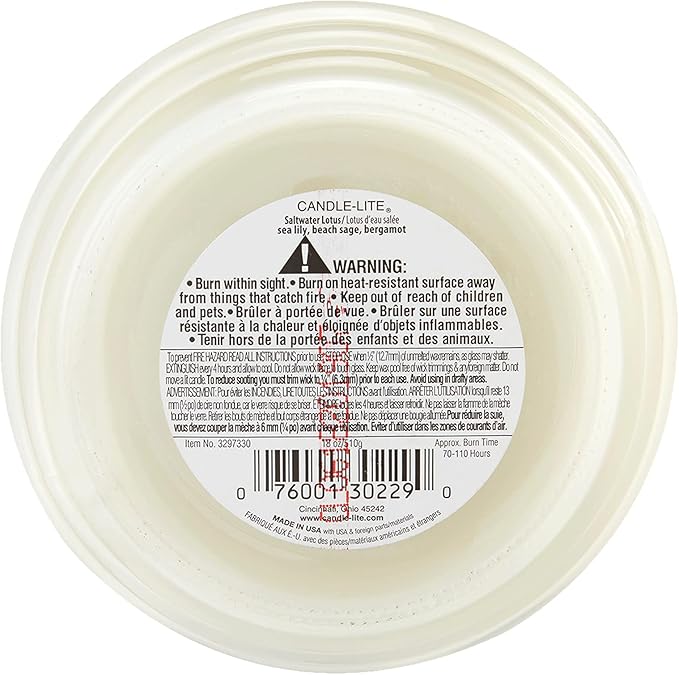 Candle-lite Scented Candles, Saltwater Lotus Fragrance, One 18 oz. Single-Wick Aromatherapy Candle with 110 Hours of Burn Time, White Color