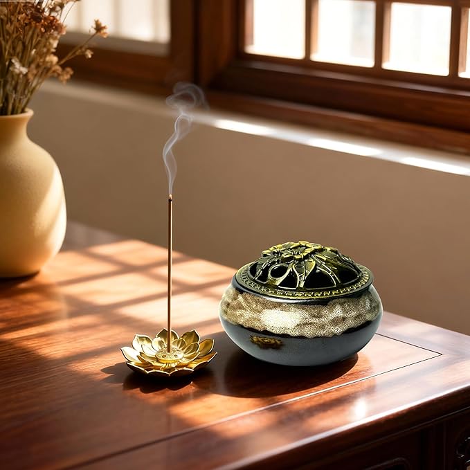 Ceramic Incense Burner, Bowl Burner,Cone Incense Burner with Brass lid for use with Stick or Cone-Shaped Incense,Lotus Incense Stick Holder Calabash Incense Stick Holder, 3pc (Fambe White)