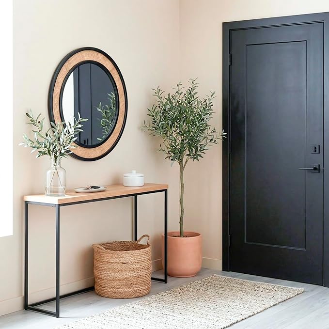 Round Rattan Mirror, 24" Circle Wall Mirror, Farmhouse Wooden Vanity Mirror with Handmade Wicker Frame, Decorative Boho Mirror for Nursery Bedroom Living Room Entryway Black
