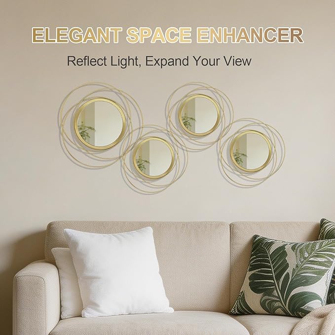 4 Piece Gold Round Wall Mirror Set Modern Metal Circle Home Decor for Living Room Bedroom Entryway 11/9 Inch Decorative Mirrors Minimalist Wall Art for Home