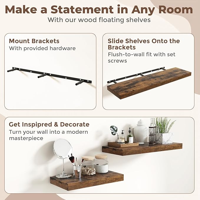 Fun Memories 55 Inch Fireplace Mantel Shelf, 12 Inch Deep Shelves for Display & Wall Storage, Rustic Wood Wall Shelf, Extra Long Floating Shelves for Bathroom Bedroom Living Room, Rustic Brown, 1 Pack