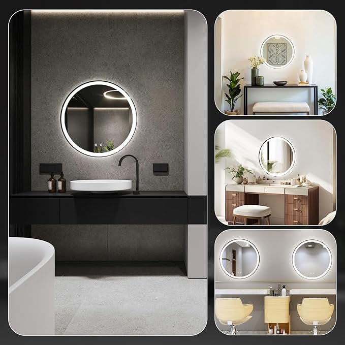 Sweetcrispy 36-Inch Round LED Bathroom Backlit Mirror with Lights, Circle Vanity Mirror with Anti-Fog, Dimmable, 3-Color Light, Memory Function, Tempered Glass